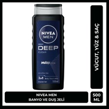 NIVEA MEN Deep Dimension Erkek Duş Jeli 500ml; 3ü1 Arada Vücut; Saç ve Yüz için Pratik Kullanım