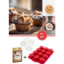 Silicolife 12'li Silindir Muffin Kek Kalıbı ve Pasta Süsleme Şablonu, Kahve, Tatlı Şekillendirici Süsleme Aparatı Ikili Set