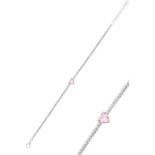 Söğütlü Silver Gümüş Beyaz Altın Rodyumlu Pembe Zirkon Taşlı Pırlanta Montürlü Kalpli Su Yolu Bileklik SGTL12614PEMBE