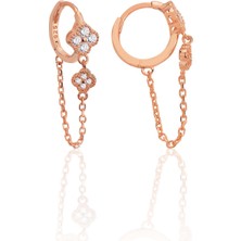 Söğütlü Silver Gümüş Rose Zirkon Taşlı Zincirli Yonca Modeli Halka Küpe SGTL12579ROSE