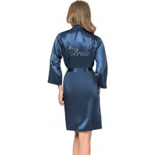 Motto10 Butik Lacivert Kısa Saten Bride Sabahlık