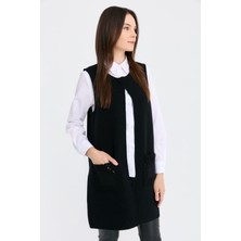 Desen Triko Kadın Sıfır Yaka Önü Açık Uzun Yün Yelek Siyah