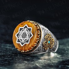 Takılingo 925 Ayar Gümüş Kehribar Taş Üzeri Hz.süleyman Mührü Işlemeli Usta Işi Erkek Yüzük