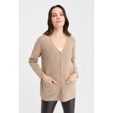 Desen Triko Kadın V Yaka Dikişsiz Önü Baklavalı Düğmeli Yün Hırka K.bej