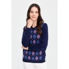 Kadın V Yaka Baklavalı Yün Kazak Y.a Lacivert