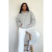 KAPÜŞONLU PARÇALI BASIC SWEATSHIRT GRİ