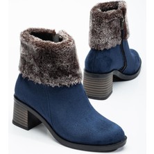 Dilimler Ayakkabı Kadın Topuklu Bot Lacivert Süet Kürklü Fermuarlı Oval Burun