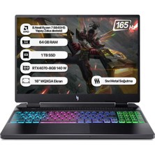 Acer Nitro 16 AN16-42 Amd R7 8845HS 64GB 1tb SSD RTX4070-8GB Dos 16" Wqxga 165Hz Taşınabilir Bilgisayar NH.QSLEY.001-64