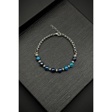 Frnch 316L Çelik Italyan Model Titanyum Kaplama Akik Doğal Taşlı Mavi Renkli Erkek Bileklik FRJ12259-3259-M2