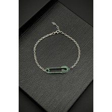 Frnch 925 Ayar Gümüş Çengelli Iğne Model Yeşil Zirkon Taşlı Erkek Bileklik FRJ12185-3185-Y