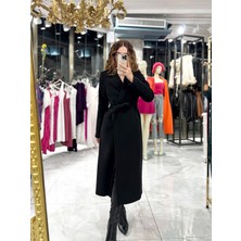 Miss Swans Loren Kruvaze Yaka Kuşaklı Kaşe Kaban Siyah