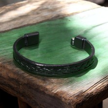 Etniko Siyah Deri Bileklik | Örgü Deri Detaylı | Metal Mıknatıs Kapama