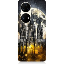 Teknomeg Huawei P50 Pro Uyumlu Ay ve Katedral  Desenli Silikon Kılıf