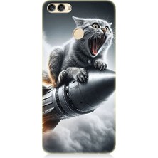 Teknomeg Huawei P Smart Uyumlu Roket Kedisi  Desenli Silikon Kılıf