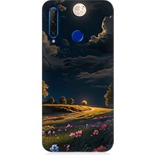 Teknomeg Huawei Honor 20 Lite Uyumlu Ay ve Çiçekler  Desenli Silikon Kılıf