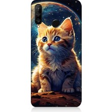 Teknomeg Huawei P30 Lite Uyumlu Uzayda Kedi  Desenli Silikon Kılıf