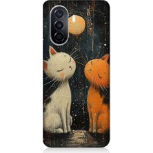 Teknomeg Huawei Nova Y70 Uyumlu Ay ve Kediler  Desenli Silikon Kılıf