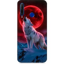 Teknomeg Huawei Honor 20 Lite Uyumlu Kırmızı Ay Kurt  Desenli Silikon Kılıf