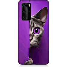 Teknomeg Huawei P40 Pro Uyumlu Mor Kedi  Desenli Silikon Kılıf
