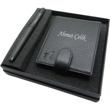 Signator Kişiye Özel Cüzdan Ve Kalem Seti | MAt Siyah Kalem + Deri & El Işciliği Cüzdan Seti | Isme Özel Hediyelik Set