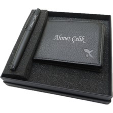 Signator Kişiye Özel Cüzdan Ve Kalem Seti | MAt Siyah Kalem + Deri & El Işciliği Cüzdan Seti | Isme Özel Hediyelik Set