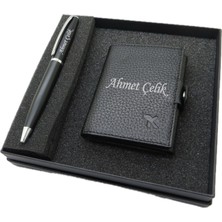 Signator Kişiye Özel Deri Kartlık Ve Kalem Seti | MAt Siyah Kalem + Deri & El Işciliği Cüzdan Seti | Isme Özel Hediyelik Set