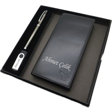 Signator Kişiye Özel Deri Portföy Cüzdan (Telefon Bölmeli) Usb Bellek Ve Kalem Seti | Scrikss Kalem + Deri & El Işciliği Cüzdan Seti | Isme Özel Hediyelik Set