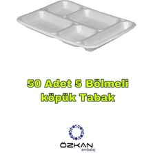 Özkan Ambalaj Temizlik 5 Gözlü Tabldot Köpük Tabak - Plastik Çatal - Plastik Kaşık - Karton Bardak 50 Li Eko Set