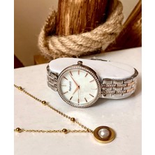 Ferrucci Silver&rose Çelik Taşlı Kadın Kol Saat+Çelik Kolye Hediye Set