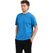 Justever 100% Pamuk Basic Fit Bisiklet Yaka Mavi Erkek T-Shirt - Alpha