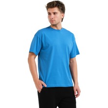 Justever 100% Pamuk Basic Fit Bisiklet Yaka Mavi Erkek T-Shirt - Alpha