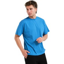 Justever 100% Pamuk Basic Fit Bisiklet Yaka Mavi Erkek T-Shirt - Alpha