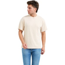 Justever 100% Pamuk Basic Fit Bisiklet Yaka Bej Erkek T-Shirt - Alpha