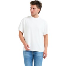 Justever 100% Pamuk Oversize Fit Bisiklet Yaka Ekru Erkek T-Shirt - Alpha