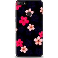 Huawei Y7 2018 Kılıf Hd Baskılı - Pembe Mavi Çiçekler + 9h Nano Ekran Koruyucu