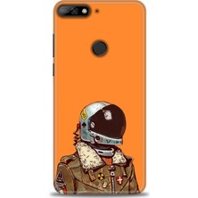 Huawei Y7 2018 Kılıf Hd Baskılı - Turuncu Astronot + 9h Nano Ekran Koruyucu