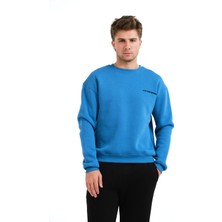 Justever Bisiklet Yaka Nakışlı Şardonlu Içi Polarlı Mavi Erkek Sweatshirt - Volar