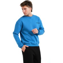 Justever Bisiklet Yaka Nakışlı Şardonlu Içi Polarlı Mavi Erkek Sweatshirt - Volar