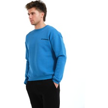 Justever Bisiklet Yaka Nakışlı Şardonlu Içi Polarlı Mavi Erkek Sweatshirt - Volar