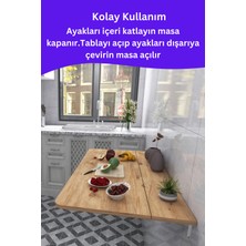 kydonia home mdf lam 4 köşesi oval çam ahşap desenli sabit raflı duvara monte kırma katlanır yemek mutfak masası