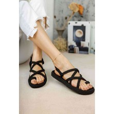 Mevese Hasır Halat Kadın Sandalet Siyah