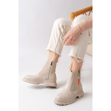 Infon Ayakkabı Marketi ASM-086 Bej Fashion Aksesuarlı Fermuarlı Günlük Kadın Bot