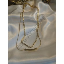 Stainless Steel Çift Zincir Detaylı Gold Çelik Kolye