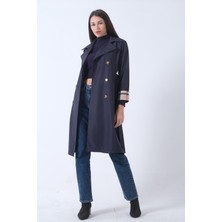 Feminist Lacivert Ekose Detaylı Düğme ve Kuşaklı Trençkot 0202027.02