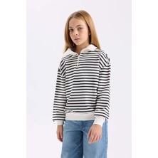 DeFacto Kız Çocuk Oversize Geniş Kalıp Yarım Fermuarlı Çizgili Sweatshirt