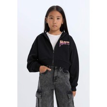 DeFacto Baskılı Kapüşonlu İçi Yumuşak Tüylü Fermuarlı Sweatshirt Kız Çocuk D1569A824WN
