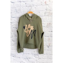 Unisex Çocuk Baskılı Kapüşonlu Sweatshirt - Haki
