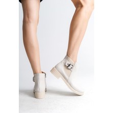 LUNA Fermuarlı Lastikli Ortopedik Taban Suya ve Soğuğa Dayanıklı Topuklu Cilt Kadın Bot KT Krem