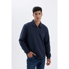 DeFacto Regular Fit Polo Yaka Yarım Fermuarlı Basic Düz Sweatshirt D2279AX24AU