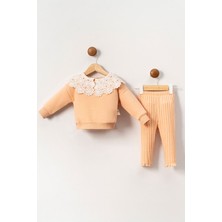 Miniğimin Cicileri (6-18 Ay) Nakış Yakalı Şardonlu Üç Ip Kız bebek takım - Somon